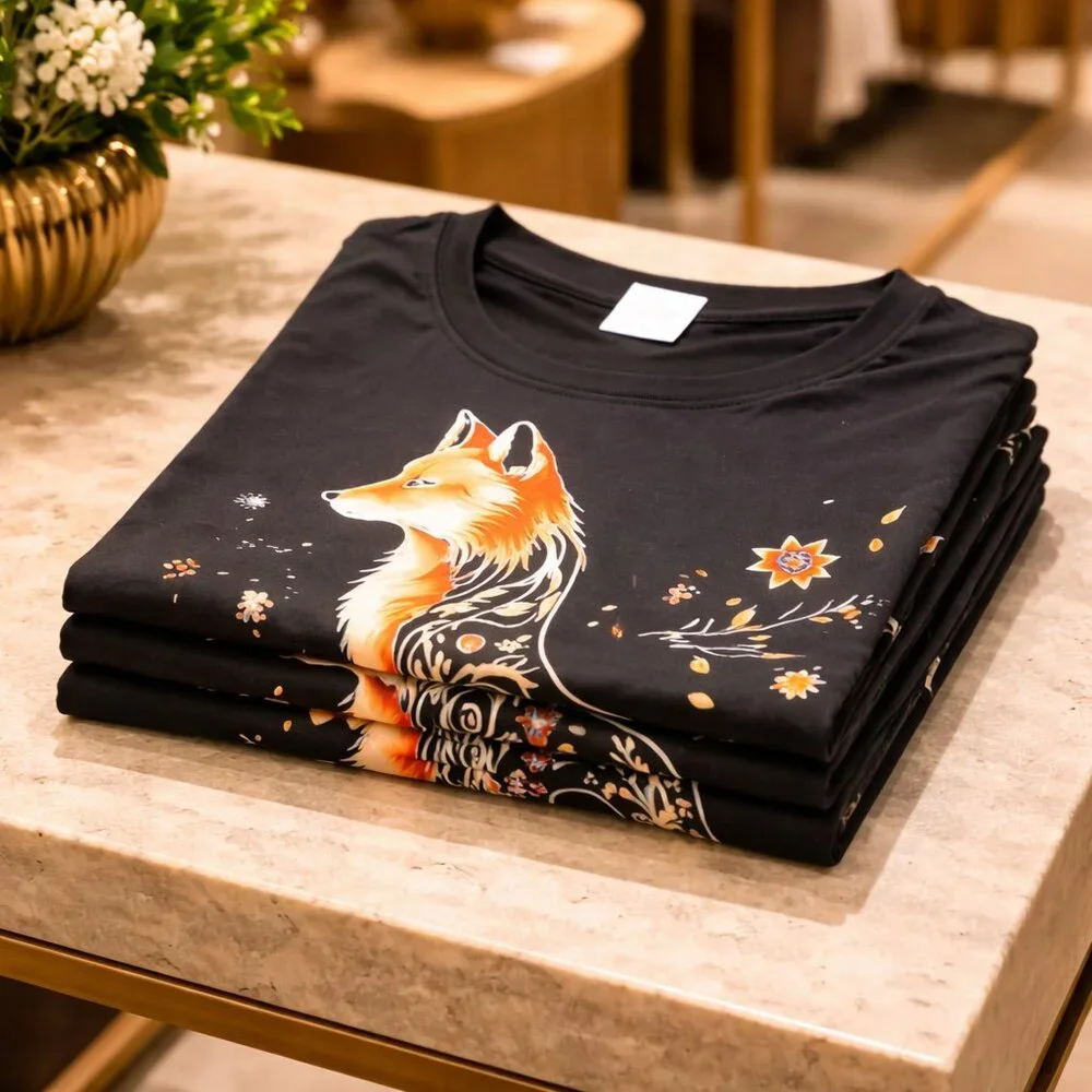 Floral Fox Graphic Tee – Artistic Cotton T-Shirt Black – Size [S/M/L/XL] NEW - Picture 7 of 11